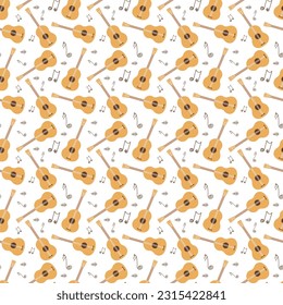 Yellow ukulele guitars seamless vector pattern on a white background.