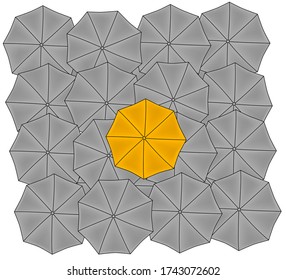 yellow umbrella among gray ones. concept features. vector illustration.