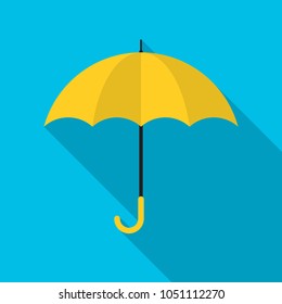 Yellow umbrella icon with long shadow. Flat design style. Umbrella simple silhouette. Modern, minimalist icon in stylish colors. Web site page and mobile app design vector element.