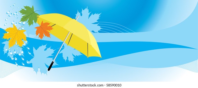Yellow umbrella and maple leaves. Banner. Vector
