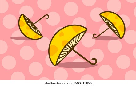 Yellow umbrella mushrooms shaped and pink dots background.