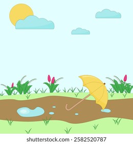 Yellow umbrella on the road after spring rain. Tulips and lilies of the valley grow along the road.Vector illustration