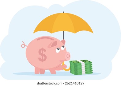 yellow umbrella to protecting piggy bank and money. Flat, Vector, Illustration,

