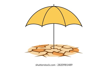 Yellow umbrella provides shade over a dry, cracked earth landscape, representing the struggle against drought and environmental heat.