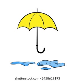 Yellow umbrella with puddles in hand-drawn style, concept about a rainy season. Isolated vector illustration for print, digital and more design.