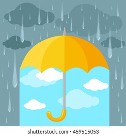 Yellow umbrella with rain. Abstract weather concept.