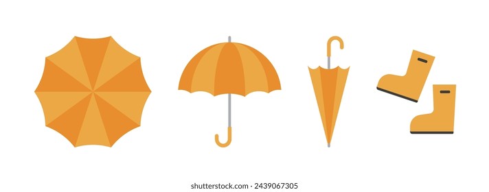 Yellow umbrella and rain boots object illustration set. A set of fashion accessories needed when it rains during the summer rainy season.