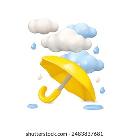 Yellow umbrella with rain and clouds vector 3d icon. Cartoon parasol illustration, puddles and raindrops, isolated on white background. Colorful monsoon sale concept, design element