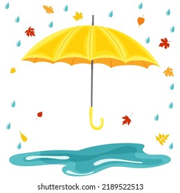 Yellow Umbrella In The Rain In Flat Style, Isolated, Vector