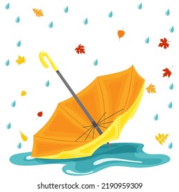 yellow umbrella in the rain in flat style isolated, vector