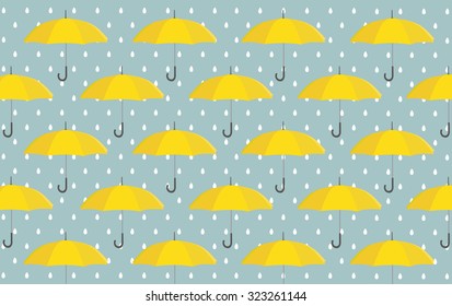 Yellow Umbrella With Rain. Vector Background