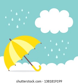 Yellow umbrella with raindrops on cloud background