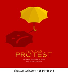 Yellow umbrella with sad emoticon shadow 3d isometric pattern, Hong Kong protest extradition legal problem poster and social banner post square design illustration isolated on red background, vector