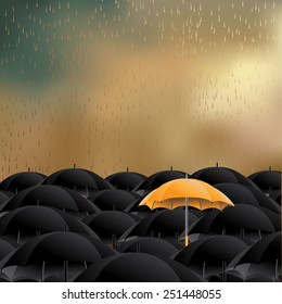 Yellow umbrella in sea of black background with space for copy. EPS 10 vector royalty free stock illustration for marketing, flyer, poster, blogs, illustrate individuality, loneliness, overpopulation