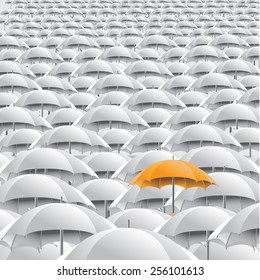 Yellow umbrella in sea of white background with space for copy. EPS 10 vector royalty free stock illustration for marketing, flyer, poster, blogs, illustrate individuality, loneliness, overpopulation