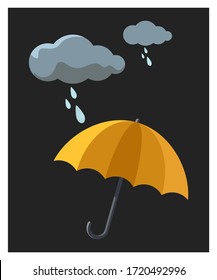 Yellow umbrella, thunderclouds and raindrops vector illustration isolated on dark grey background. [EPS 10]
