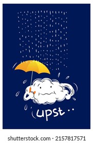 Yellow umbrella and white clouds in the rain character vector illustration.