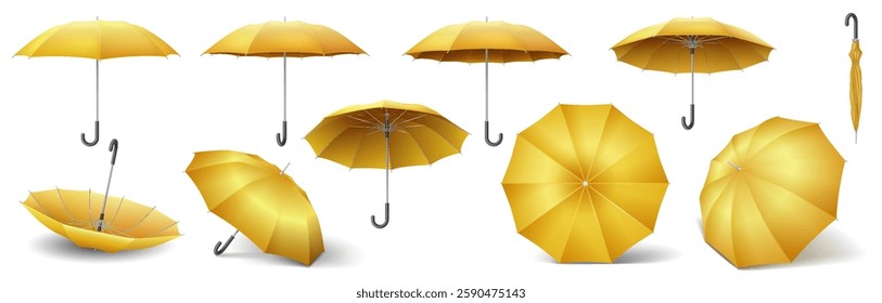 Yellow umbrella-canes in open and closed positions realistic color icons set. Rain protection and fashion 3d objects bundle on white