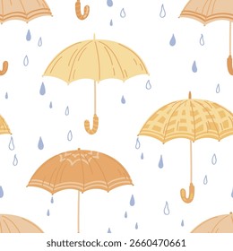 Paraguas amarillos y Ilustración vectorial de gotas de lluvia. Clima de lluvia lindo patrón sin fisuras.