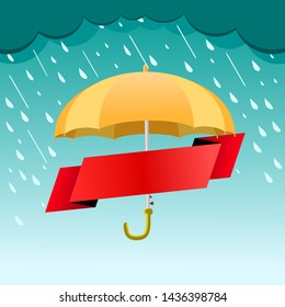 Yellow umbrellas and red label on rainy days,vector illustration
