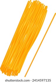 Yellow uncooked spaghetti bunch with single noodle beside. Italian pasta ingredients for cooking. Kitchen and culinary vector illustration.