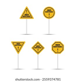 Yellow under maintenance road sign with silver pole isolated on a white background. Warning, caution, and danger billboard design. Under maintenance and warning icon traffic sign for construction site