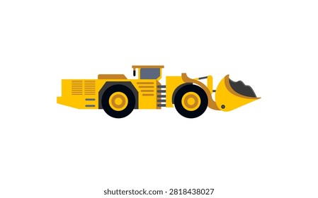 Yellow underground mining loader LHD machine with bucket side view vector illustration. Industrial heavy equipment vehicle isolated on white background.
