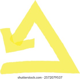 Yellow uneven abstract triangle and arrow pointing down over a horizontal stripe representing concepts like warning, danger, construction or attention, with copy space