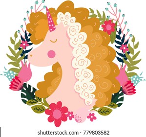 Yellow unicorn with flowers