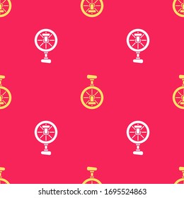 Yellow Unicycle or one wheel bicycle icon isolated seamless pattern on red background. Monowheel bicycle.  Vector Illustration