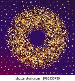 Yellow Universe Vector Purple Background. Gilded Abstract Sparkle Illustration. Shine Festive Design.  Shiny Shimmer Glitter Template.