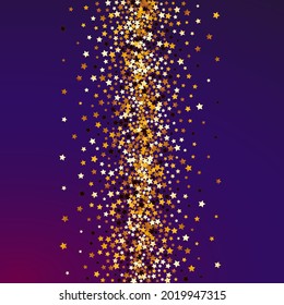 Yellow Universe Vector Purple Background. Gold Celebration Star Texture. Rain Decoration Design.  Gilded Shiny Starry Banner.