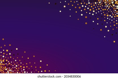 Yellow Universe Vector Purple Background. Sparkling Holiday Sparkle Banner. Glitter Galaxy Border.  Shiny Glamour Star Wallpaper.