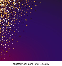 Yellow Universe Vector Purple Background. Gilded Festive Star Pattern. Shine Glamour Wallpaper.  Shiny Bright Starry Texture.