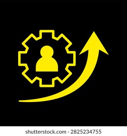 Yellow upskill icon featuring a person inside a gear with a curved upward arrow representing skill improvement, professional development, training, and career advancement.