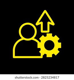 Yellow upskill icon featuring a person, gear, and upward arrow representing skill development, employee training, career growth, and professional improvement.