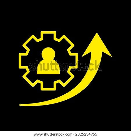 Yellow upskill icon featuring a person inside a gear with a curved upward arrow representing skill improvement, professional development, training, and career advancement.