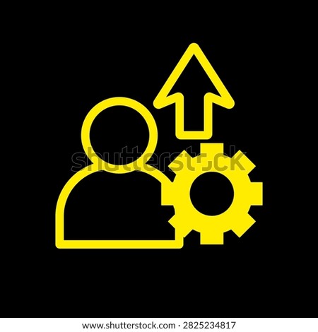 Yellow upskill icon featuring a person, gear, and upward arrow representing skill development, employee training, career growth, and professional improvement.