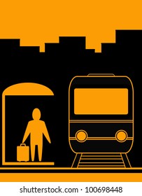 yellow urban background with man and train silhouette, symbol travel