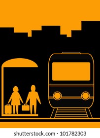 yellow urban background with man and woman waiting travel