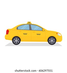 Yellow urban taxi cab isolated on white background. Taxi service. City transport. Vector colorful illustration in flat style.