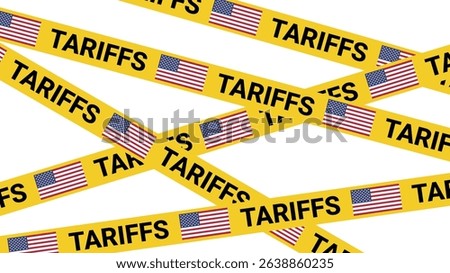 Yellow USA tariffs tape overlapping in pattern with American flags representing trade war, economic pressure, customs tax, international conflict, commercial restriction, cross border policy friction