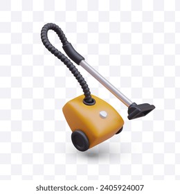 Yellow vacuum cleaner with long hose. Device for cleaning floor coverings. Isolated realistic model. Electrical home equipment. Template for store of household appliances