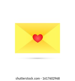 Yellow Valentine envelope with red heart Isolated on the white background. Vector illustration