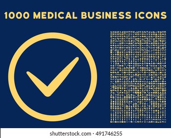 Yellow Valid vector rounded icon. Image style is a flat icon symbol inside a circle, blue background. Bonus clipart has 1000 medical business design elements.