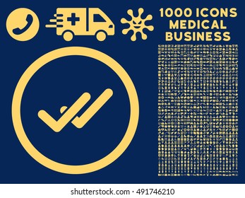 Yellow Validation vector rounded icon. Image style is a flat icon symbol inside a circle, blue background. Bonus set contains 1000 health care business design elements.