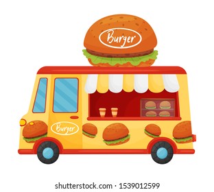 Yellow van with burgers. Vector illustration on a white background.