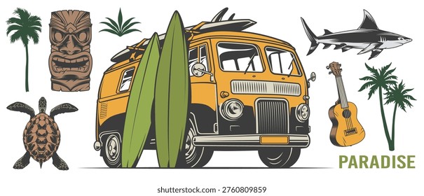 A yellow van parked by the beach with surfboards leaning against it. Tiki art and ocean life are displayed nearby. The scene shows the joy of surfing and beach culture.