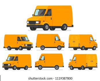 Yellow van set. Truck for transportation of goods. Vehicle for delivery, shown from different sides. Vector illustration in cartoon style