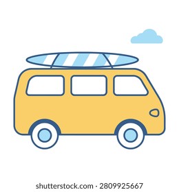 A yellow van with a surfboard on top drives under a cloud, evoking a sense of adventure and freedom.